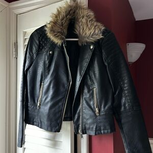 Miss selfridge petites faux leather and fur jacket